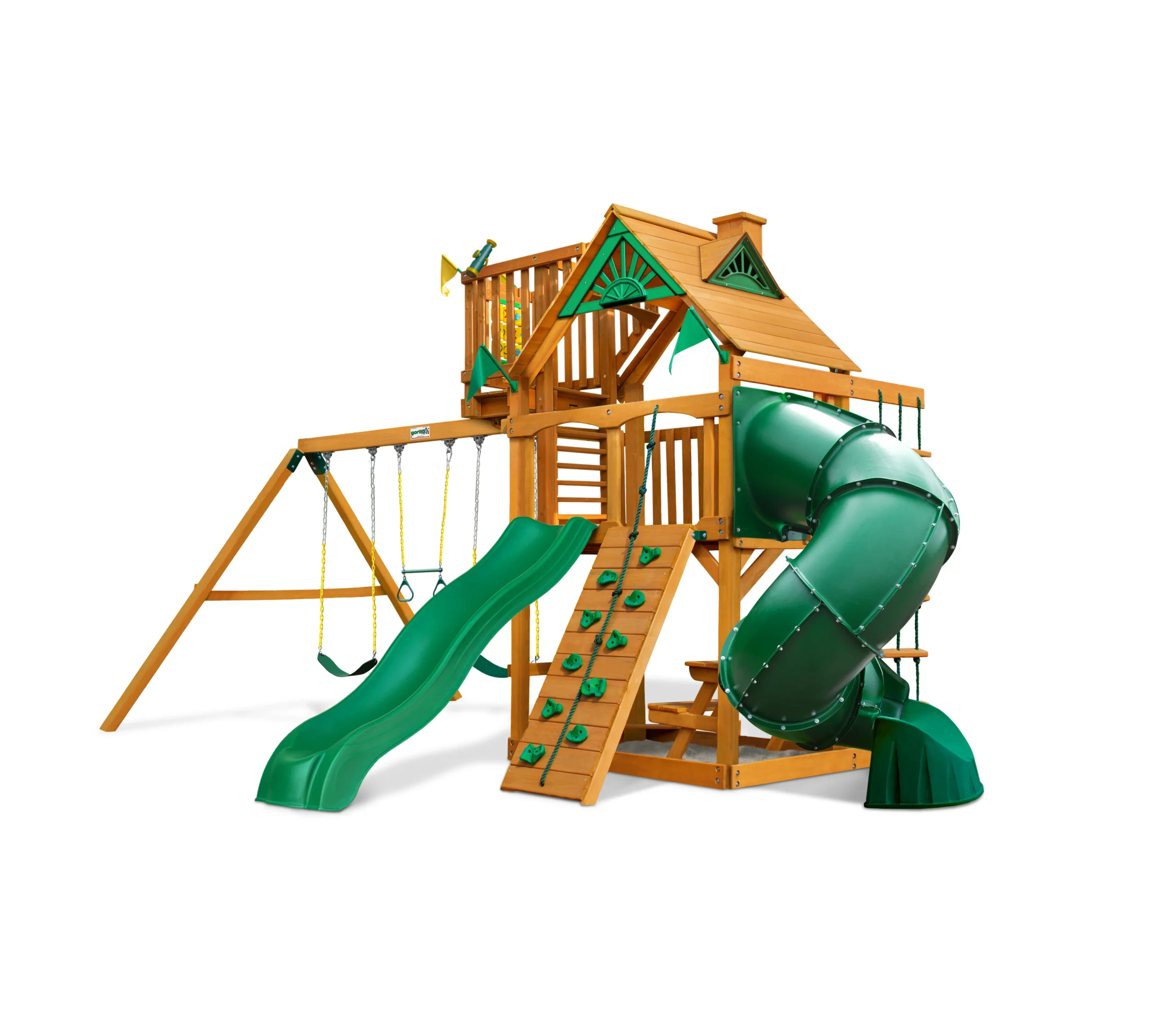 gorilla-playsets-mountaineer-treehouse-wood-swing-set-with-wood-roof-tube-slide-and-rock-w-1.webp Gorilla Playsets Mountaineer Treehouse Wood Swing Set with Wood Roof, Tube Slide, and Rock Wall, Amber - Image 1