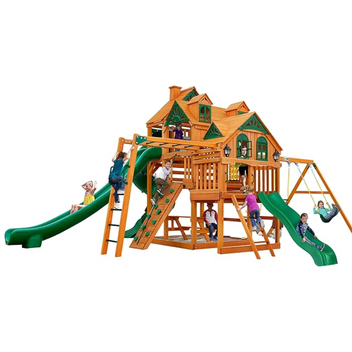 pop-product-27-image-1.png Gorilla Playsets Empire Extreme Wooden Swing Set with Monkey Bars, Clatter Bridge, Tower, and 3 Slides - Image 1