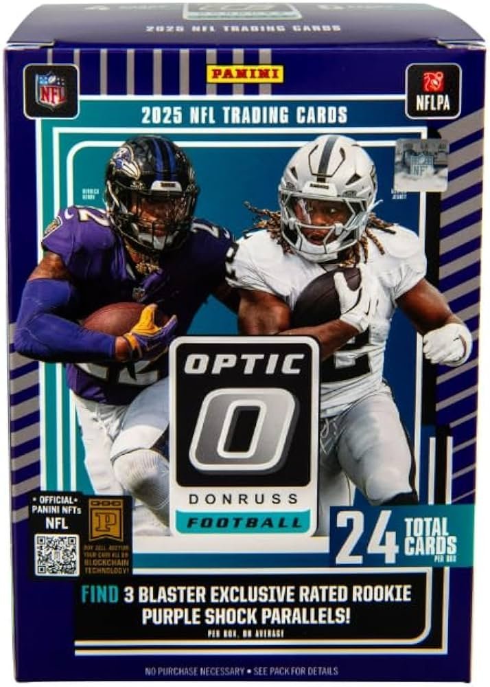 2025PANINIDONRUSSOPTICFOOTBALLBLASTERBOXPURPLESHOCK.jpg 2025 Panini Donruss Optic Football Blaster Box (Purple Shock Parallels) - Image 1